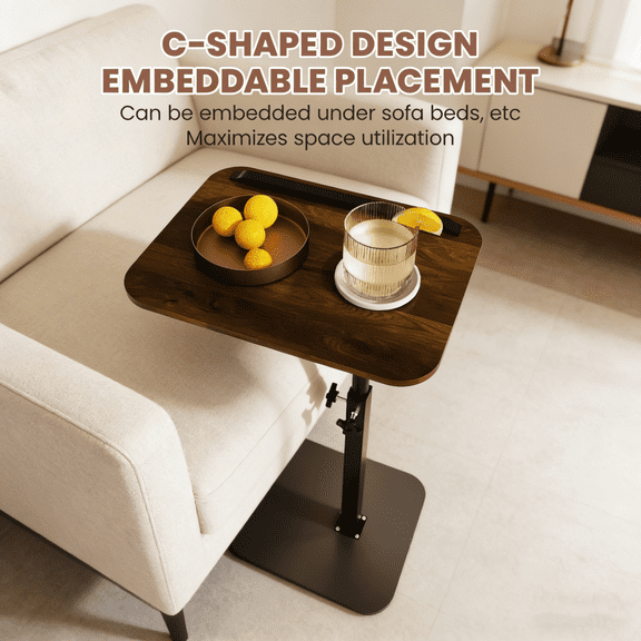 Adjustable C-Shaped Side Table for Couch, Stable Metal Base Natural Wood Sofa Side Table, Space-Saving TV Tray End Table for Small Spaces, Versatile Snack/Laptop/Bedside Table (Rotatable)