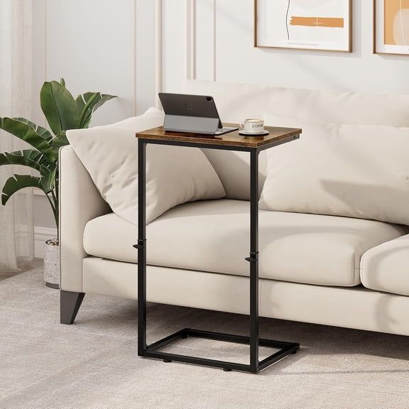 Adjustable C Shaped Side Table for Couch, Rustic Brown Living Room End Table