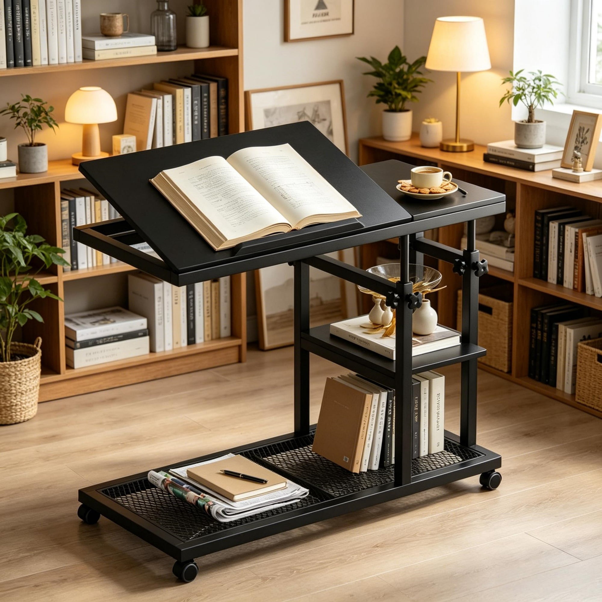 Adjustable C-Shaped Snack Table with Wheels and Tiltable Top