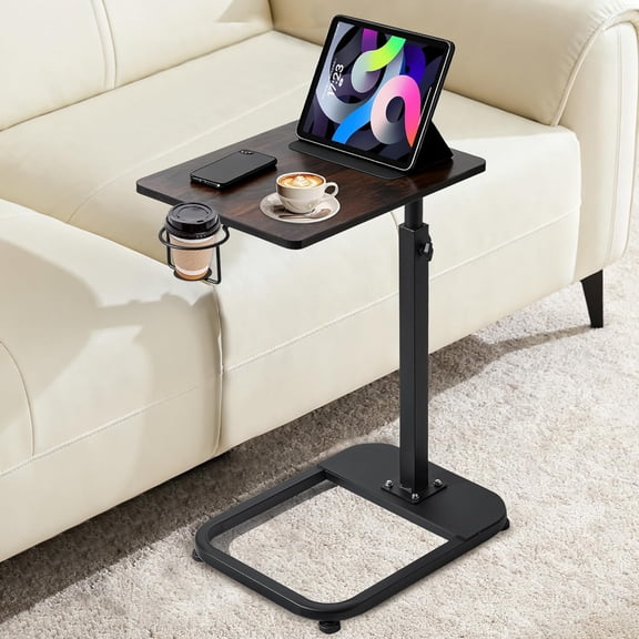 Adjustable C-Shaped TV Tray Table, 18-32 Inch Couch Table | 15.8 x 11.8 Top, Metal Frame Side Table for Sofa, C Table, TV Dinner Tray Table, Laptop Snack Table for Small Spaces Brown