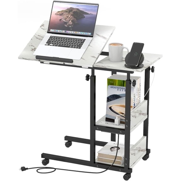 Adjustable C Table with Charging Station, Tiltable Desk C Shaped End Table for Couch, Over Bed Table with Wheels Adjustable Height, Hospital Table Laptop Stand Drawing Desk, Marble White