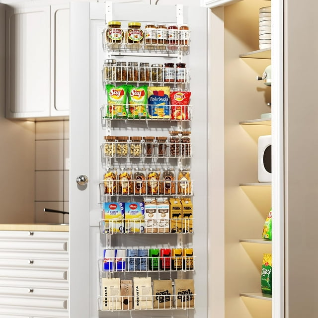 Adjustable Cabinet Door Organizer, 8-Tier Hanging Spice Rack Organizer, Metal Over the Door Pantry Organizer, Pantry Organizers and Storage Shelves for Kitchen Bathroom Laundry Room, White