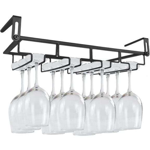 Adjustable Under Cabinet Stemware Holder - Metal Wine Glass Hanger Organizer for Kitchen, Bar, Shelf Rustproof Hanging Storage Rack 6-8 Glasses Space Saving Decor (Black, 4 Rows)