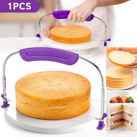 Adjustable Cake Leveler and Slicer, 9-Height Premium Grade Stainless Steel Cake Cutter with Double Wires for Leveling, Slicing, and Molding (Purple)