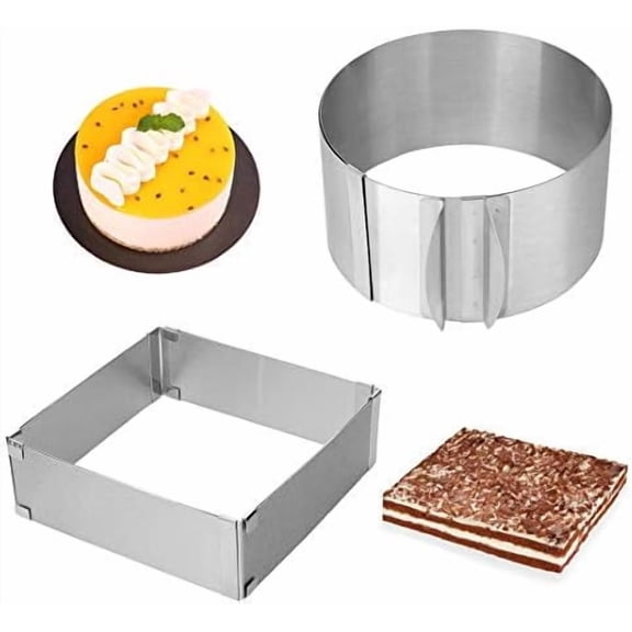 Adjustable Cake Ring 2 Pack, 6 to 12 Inch Stainless Steel Mousse Cake Mold Ring with scaling for Kitchen DIY Pastry, Square and Round
