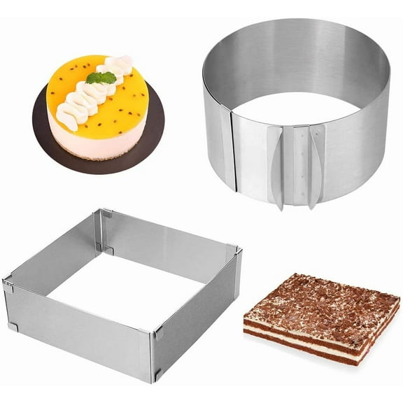 Adjustable Cake Ring 2 Pack, 6 to 12 Inch Stainless Steel Mousse Cake Mold Ring with scaling for Kitchen DIY Pastry, Square and Round