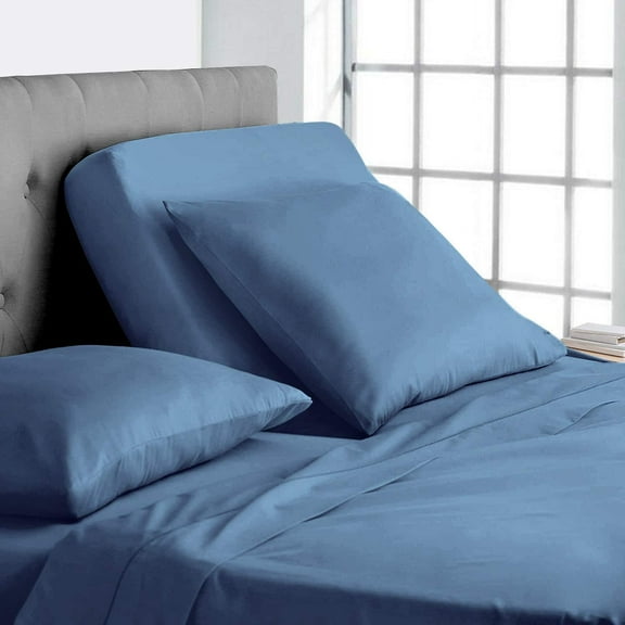 Adjustable California King Bed Sheets - 4PC Bed Sheet Set - 100% Egyptian Cotton - 800 Thread Count - 15 Inch Deep Pocket, Top Split Cal-King, Medium Blue Solid - Split Down 28 inches from The top