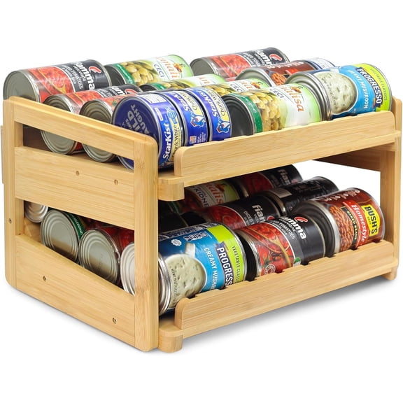 Adjustable Can Organizer Rack, Two Tier Bamboo Stackable FIFO Cans Dispenser, Modern Style, Countertop, Assembly Required, Anti Shedding