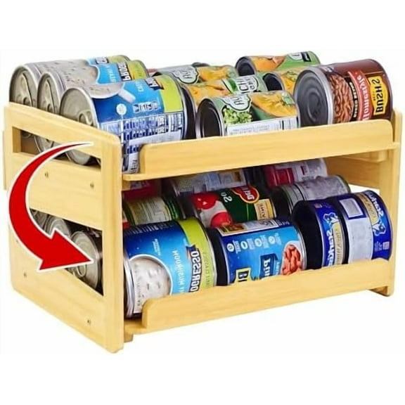 Adjustable Can Organizer Rack, Two Tier Bamboo Stackable FIFO Cans Dispenser, Modern Style, Countertop, Assembly Required, Anti Shedding