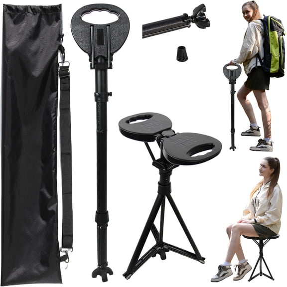 Adjustable Cane with Seat Folding Lightweight, Portable Cane Chair for Adults & Seniors, Walking Stick with Seat for Travel Hiking, with Cushion Carry Bag