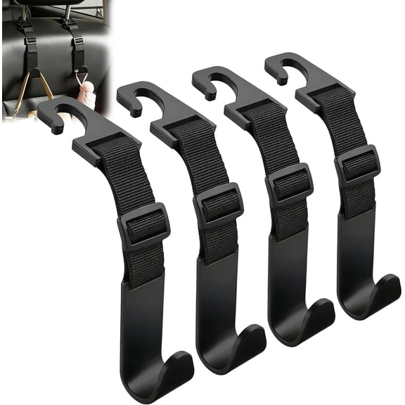 Adjustable Car Headrest Hooks, 4 Pack Universal Fit Vehicle Seat Back Organizer Hanger for Purse, Bags & Groceries, Black