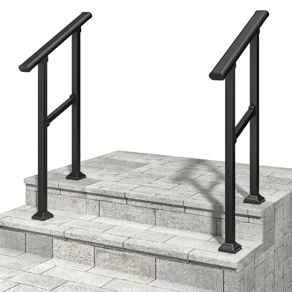 Adjustable Carbon Steel Outdoor Step Handrail, 1-2 Steps, Non-Slip, Weather-Resistant, Black