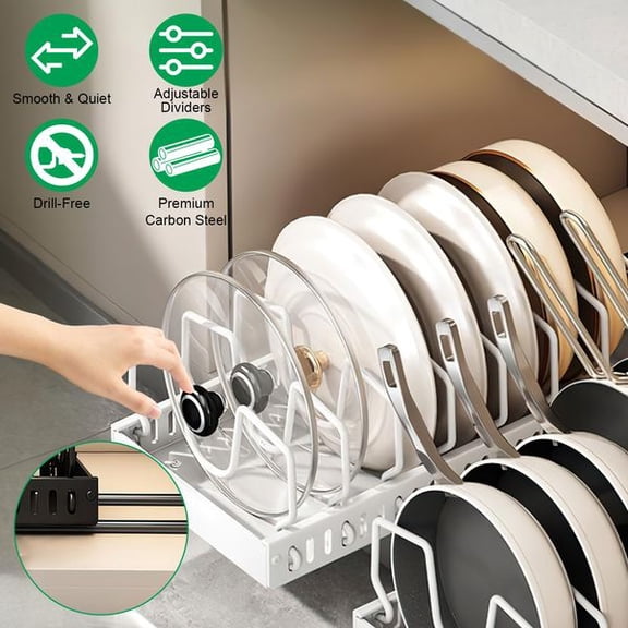Adjustable Carbon Steel Pull Out Cookware Organizer Rack with 8 Adjustable Dividers, Sliding Cabinet Storage Holder for Pots, Pan Lids, Cutting Boards, Bakeware, Baking Sheets, White