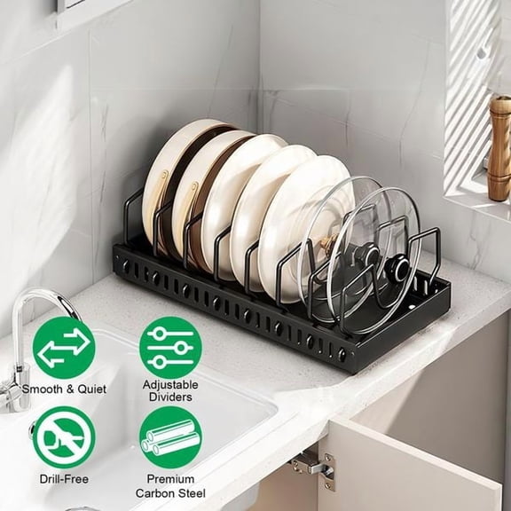 Adjustable Carbon Steel Pull Out Cookware Storage Rack with 8 Dividers, Sliding Cabinet Organizer for Pots, Pans, Lids, Cutting Boards, Baking Sheets, Bakeware, Anti Rust Kitchen Storage Rack, Black