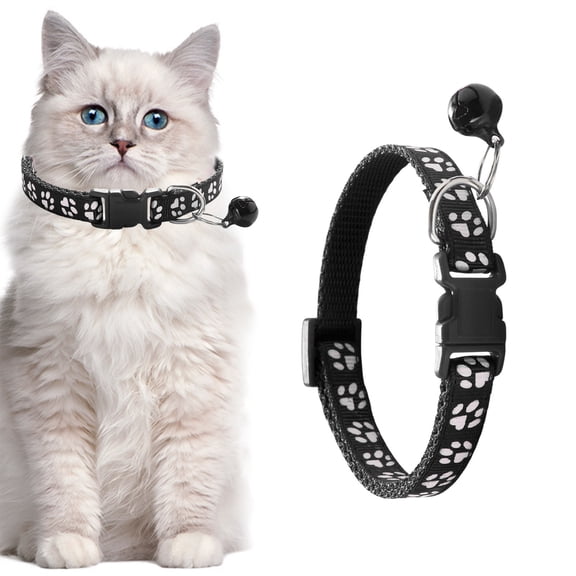 Adjustable Cat Collar with Bells - Breakaway Safety Collar for Kittens, Reflective Puppy Neckband, Soft Waterproof Collar for Small Dogs (Black, 19-32cm)