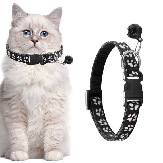 Adjustable Cat Collar with Paw Print Design, Safety Breakaway Clasp Soft Neckband, Reflective Strip for Pet Identification