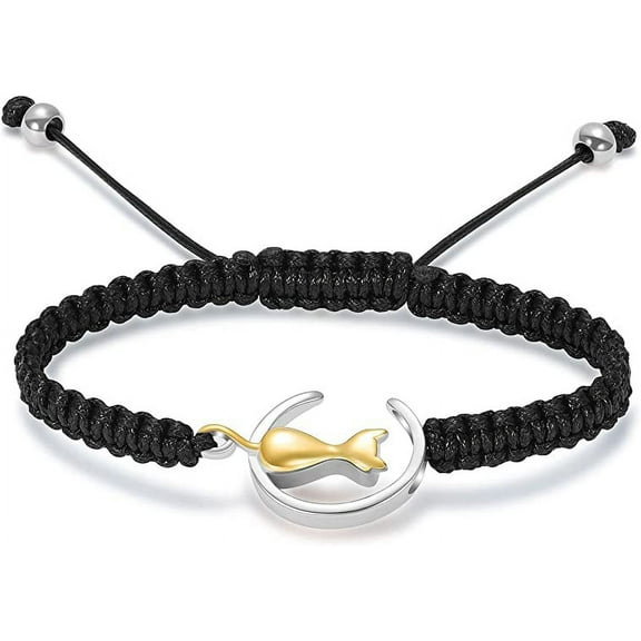 Adjustable Cat Cremation Urn Bracelet for Pet Ashes Black Braided Rope Bangle Cremation Jewelry Urn Bracelet Memorial Keepsake Bangle