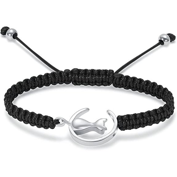 Adjustable Cat Cremation Urn Bracelet for Pet Ashes Black Braided Rope Bangle Cremation Jewelry Urn Bracelet Memorial Keepsake Bangle