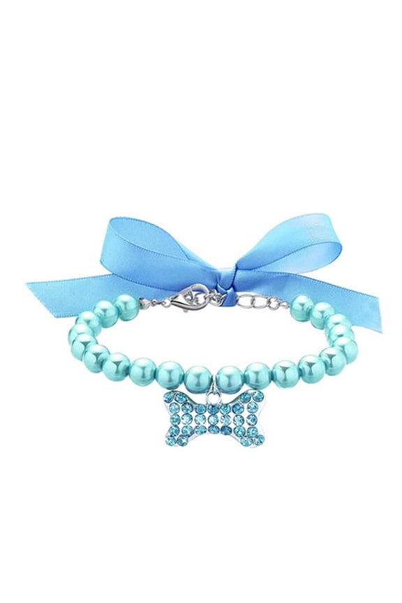 Adjustable Cat Dog Pet Bow Pearl Collar Small Jewelry Necklace Adjustable Neck Strap Wedding Birthday Party Jewelry Accessories Fancy Pet Dress Collar for Puppy Small Cats - Sky Blue,S