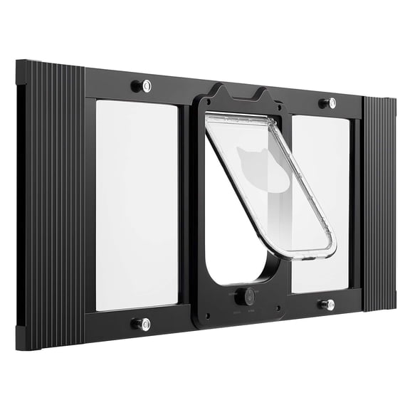 Adjustable Cat Door for Window 31-36 Inch, 4 Lock Modes Aluminum Glass magnetism Weatherproof for Cats Black