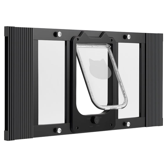 Adjustable Cat Door for Window,Fits 27-32, 4 Secure Lock Modes, Aluminum Glass magnetism Closure, Weatherproof,Black