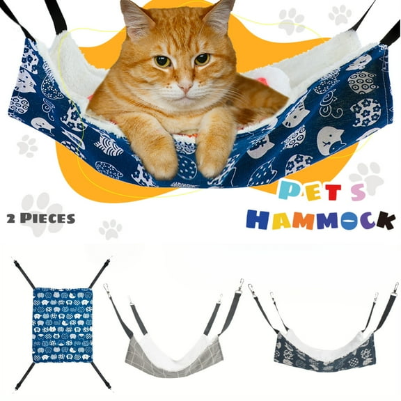 Adjustable Cat Hammock with Metal Hooks 2 Pack - Reversible Double Sided Hanging Bed for Cages, Soft Breathable Pet Hammock for Cats, Small Dogs, Rabbits