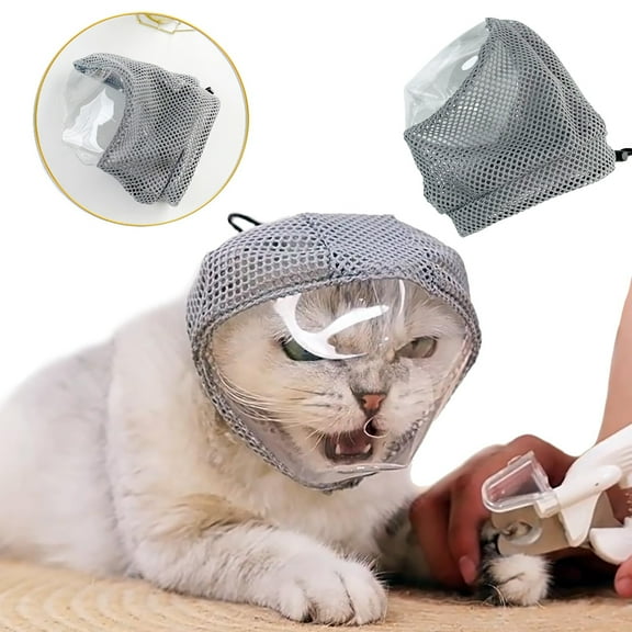 Adjustable Cat Muzzle for Grooming, Breathable Cat Pet Head Cover with Transparent Anti-Bite Bubble Mask Helmet for Nail Trimming Bathing & Vet Visits(M,Gray)