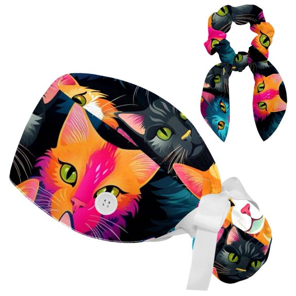 Adjustable Cat Scrub Cap, Working Hat Hair Cover with Ponytail Pouch, Soft Bouffant Surgical Nurse Cap