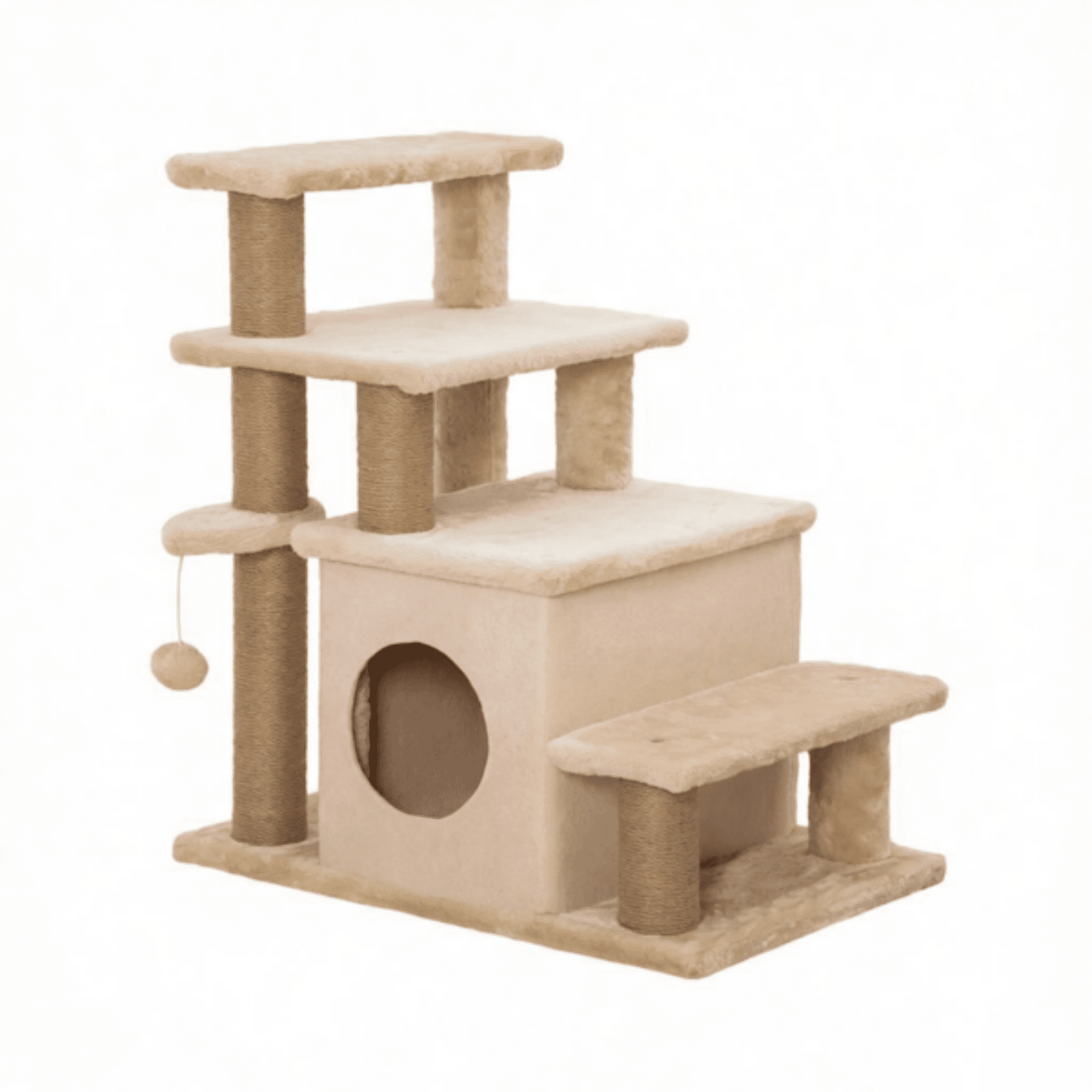 Adjustable Cat Stairs Scratching Post & Toy Ball, 3/4-Step Design, for Bed & Sofa, Beige