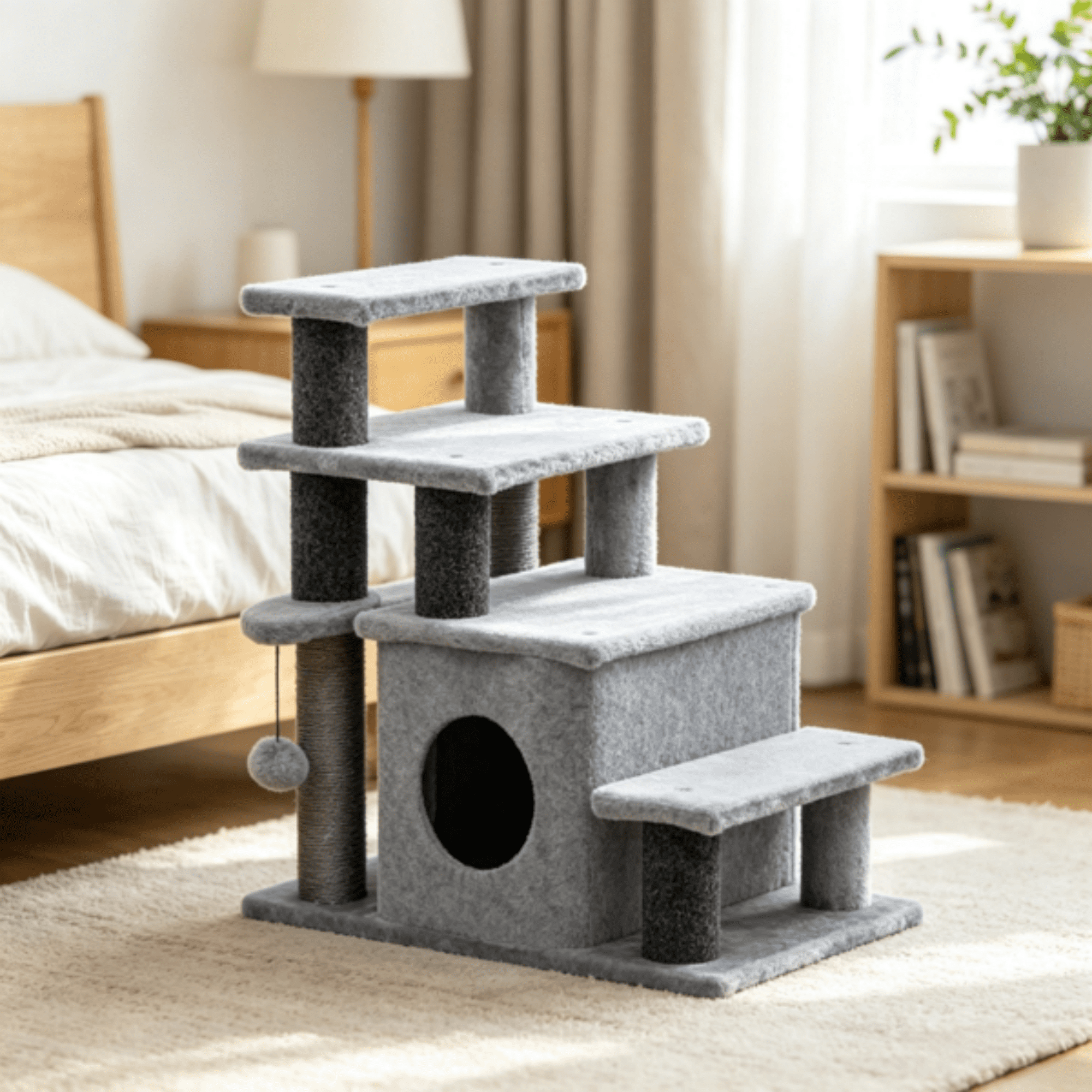 Adjustable Cat Stairs with Scratching Post & Toy Ball, 3/4-Step Design, for Bed & Sofa