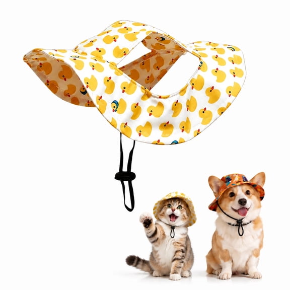 Adjustable Cat Sun Hat with Ear Holes, Cute Yellow Duck Print Pet Bucket Hat with Chin Strap, Breathable UV Protection Outdoor Fisherman Cap for Small Medium Cats & Dogs,S
