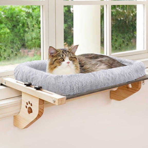 Adjustable Cat Window Perch and Bed, 24.4x15-Inch Sturdy Wood and Metal Hammock for Windowsill, Bedside, and Cabinet, Heavy-Duty Pet Shelf for Large Cats