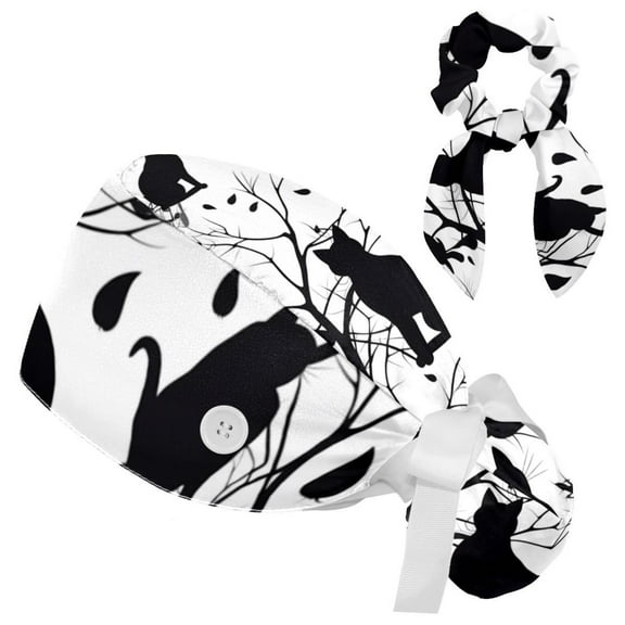 Adjustable Cats on a White Background Scrub Cap, Working Hat Hair Cover with Ponytail Pouch, Soft Bouffant Surgical Nurse Cap