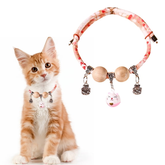 Adjustable Cedar Bead Pet Collar with Fortune Pendant and Bell, Decorative Dog Cat Collar for Daily Wear and Special Occasions(Pink-1,35cm)