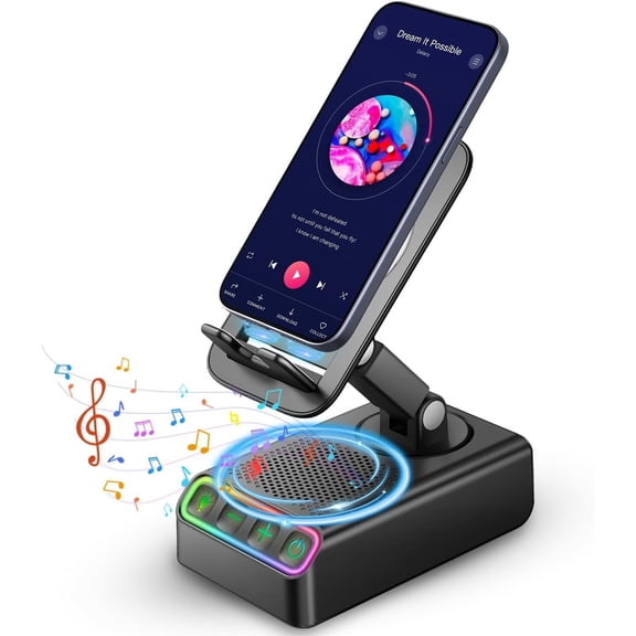 Adjustable Cell Phone Stand with Induction Speaker, Surround Sound & RGB Rhythm Lights, Foldable Portable Stand for Desk, Kitchen Counter, Office, for Men Women Dad Mom