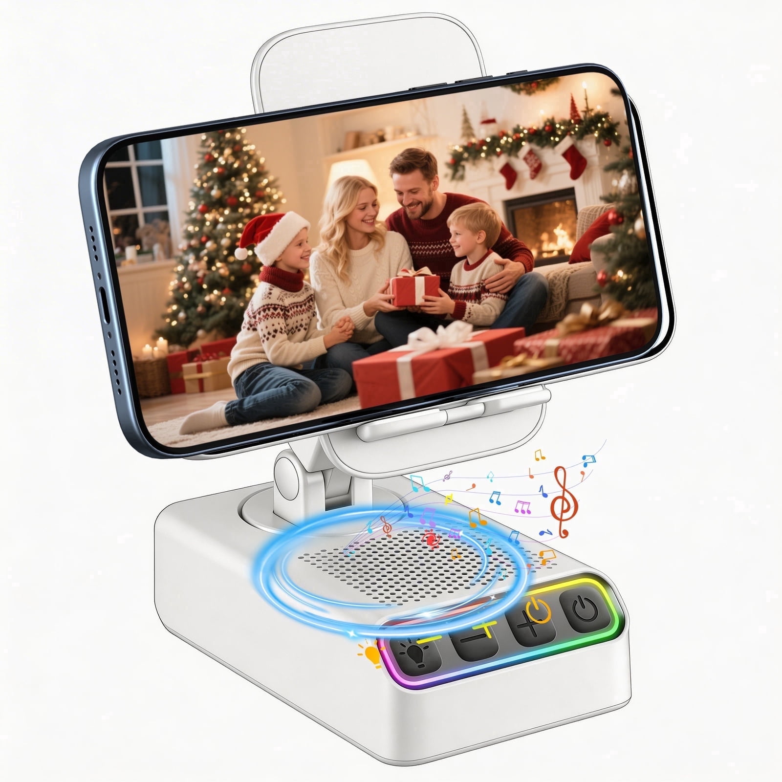 Adjustable Cell Phone Stand with Wireless Induction Bluetooth Speaker, HD Surround Sound, Color-Changing LED Light, and Non-Slip Phone Holder – Perfect for Yoga and Kitchen, a Great Gift for Everyone