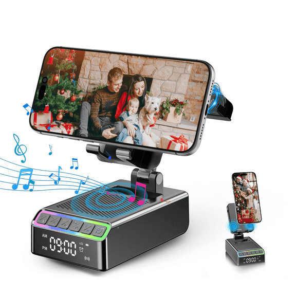 Wireless Induction Speaker/Phone Stand,9-in-1 Bluetooth 6.0 Speaker | (Landscape/Portrait)Induction,Stereo Sound,Adjustable Phone Holder,RGB/Alarm Clock,Home Office,Gifts for Men Women
