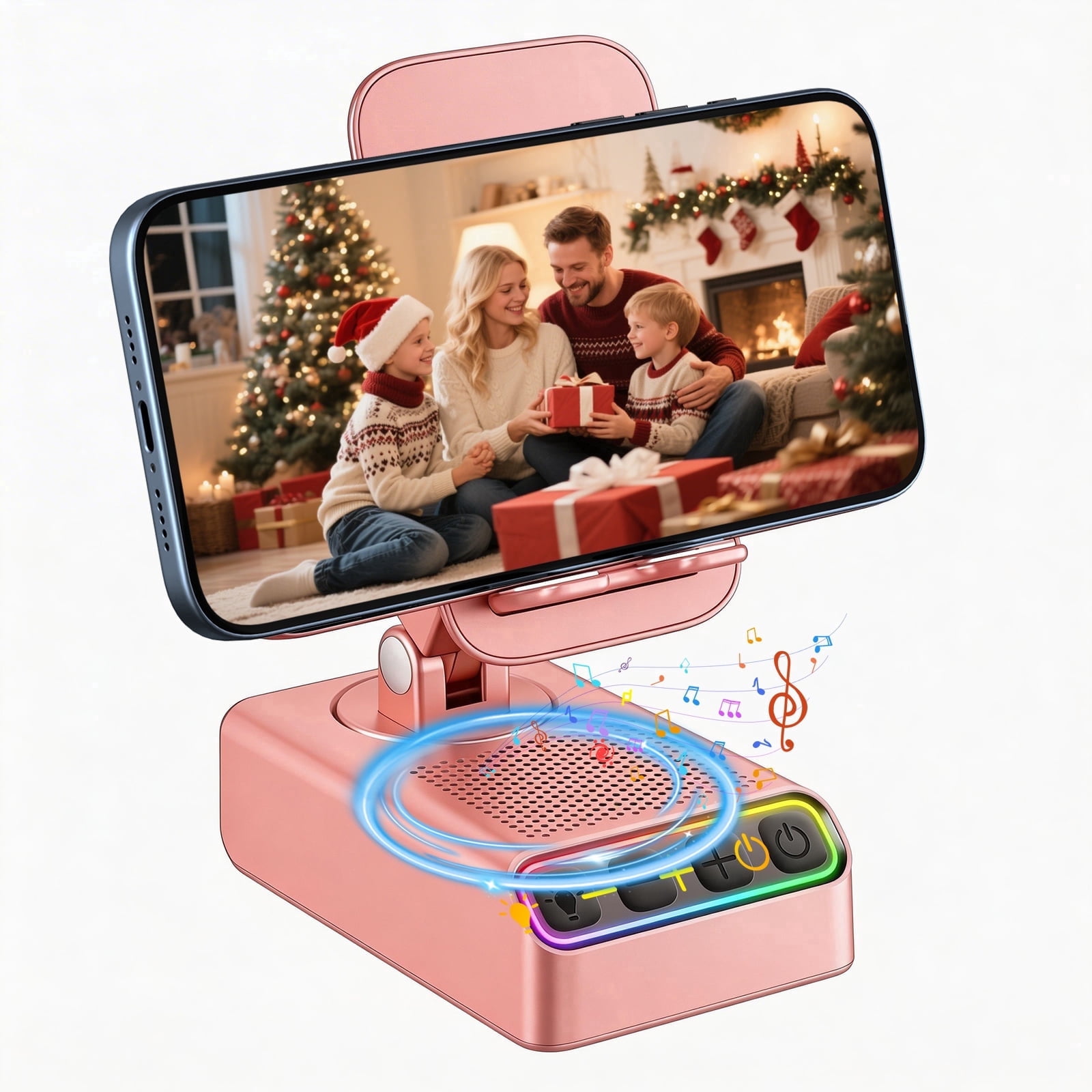 Adjustable Cell Phone Stand with Wireless Induction Bluetooth Speaker, HD Surround Sound, Color-Changing LED Light, and Non-Slip Phone Holder – Perfect for Yoga and Kitchen, a Great Gift for Everyone