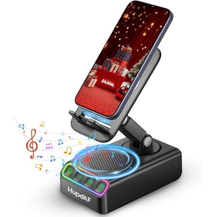 Adjustable Cell Phone Stand with Wireless Induction Bluetooth Speaker, HD Surround Sound for Home and Outdoors, Compatible with iPhone/Samsung Galaxy, 2026 Birthday Gifts for Men Women Dad Mom