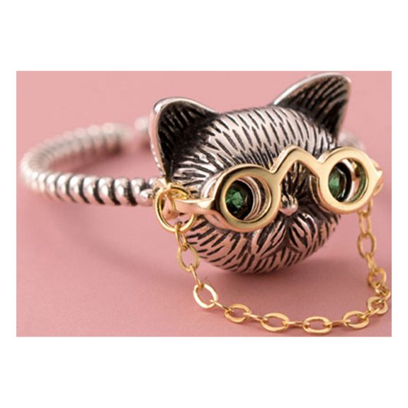 Adjustable Chain Eyeglass Cat Ring Vintage Style Distress Personalized S925 Silver Ring One Size