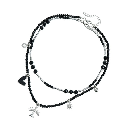 Adjustable Chain Gothic Plane Pendant Necklace with Black Beaded Charm and Crystals Glass Materials for Trendy Women