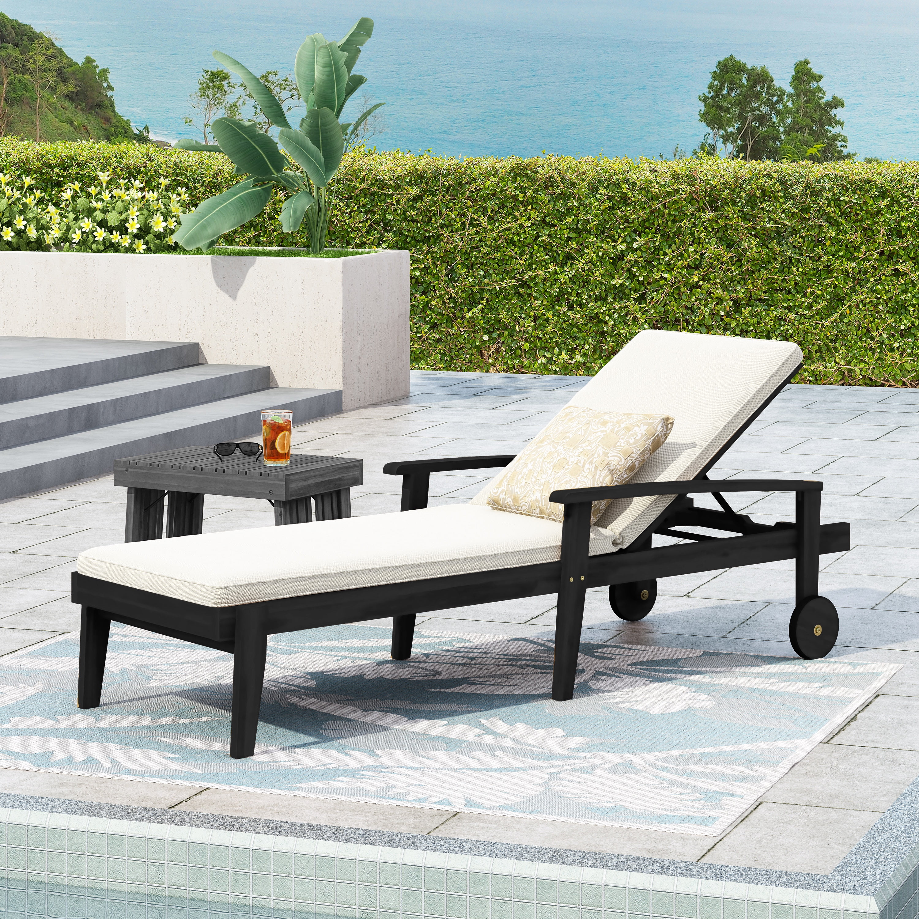 Adjustable Chaise Lounge, Outdoor Acacia Wood Lounge for Patio Poolside, Black and Brown