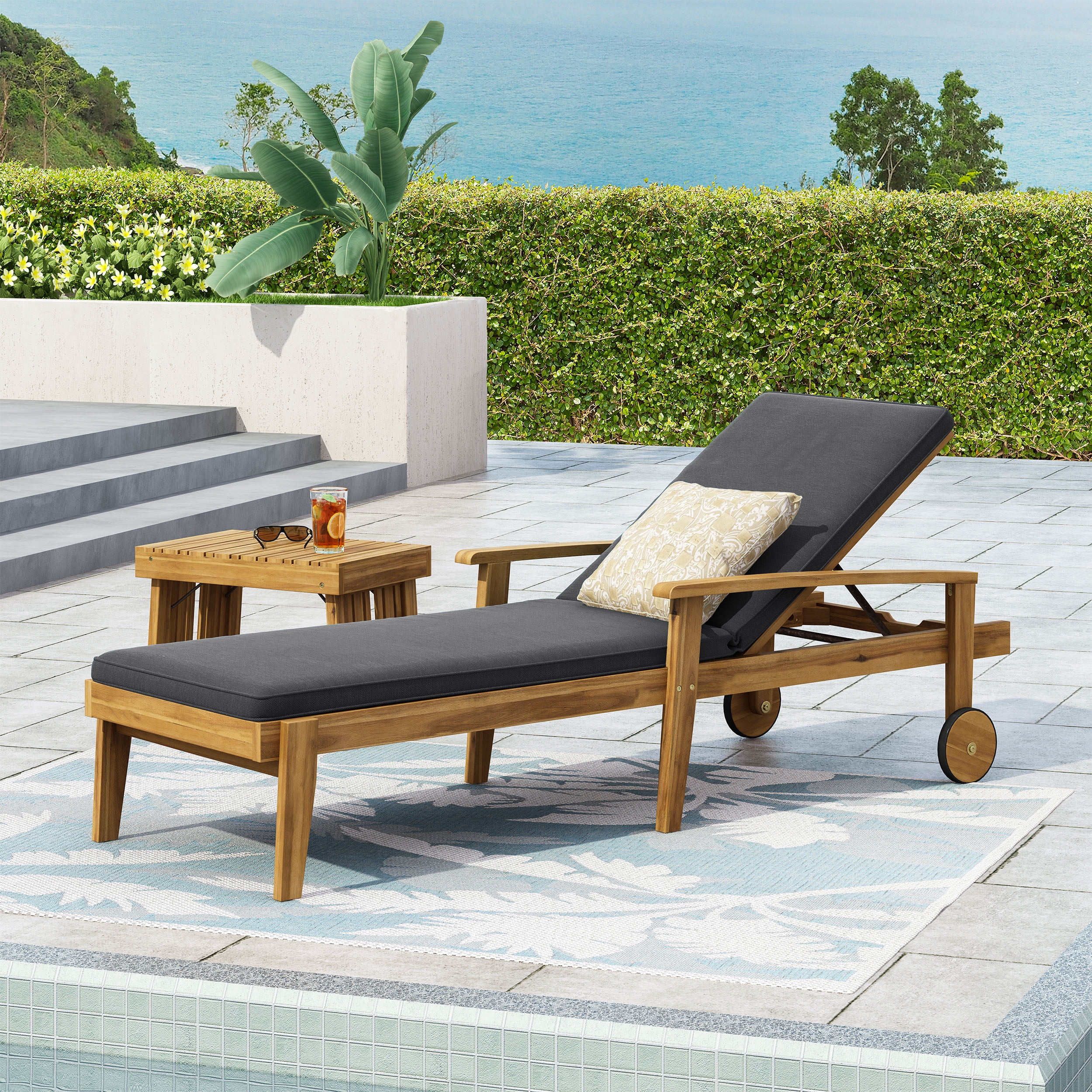Adjustable Chaise Lounge, Outdoor Acacia Wood Lounge for Patio Poolside, Teak and Green