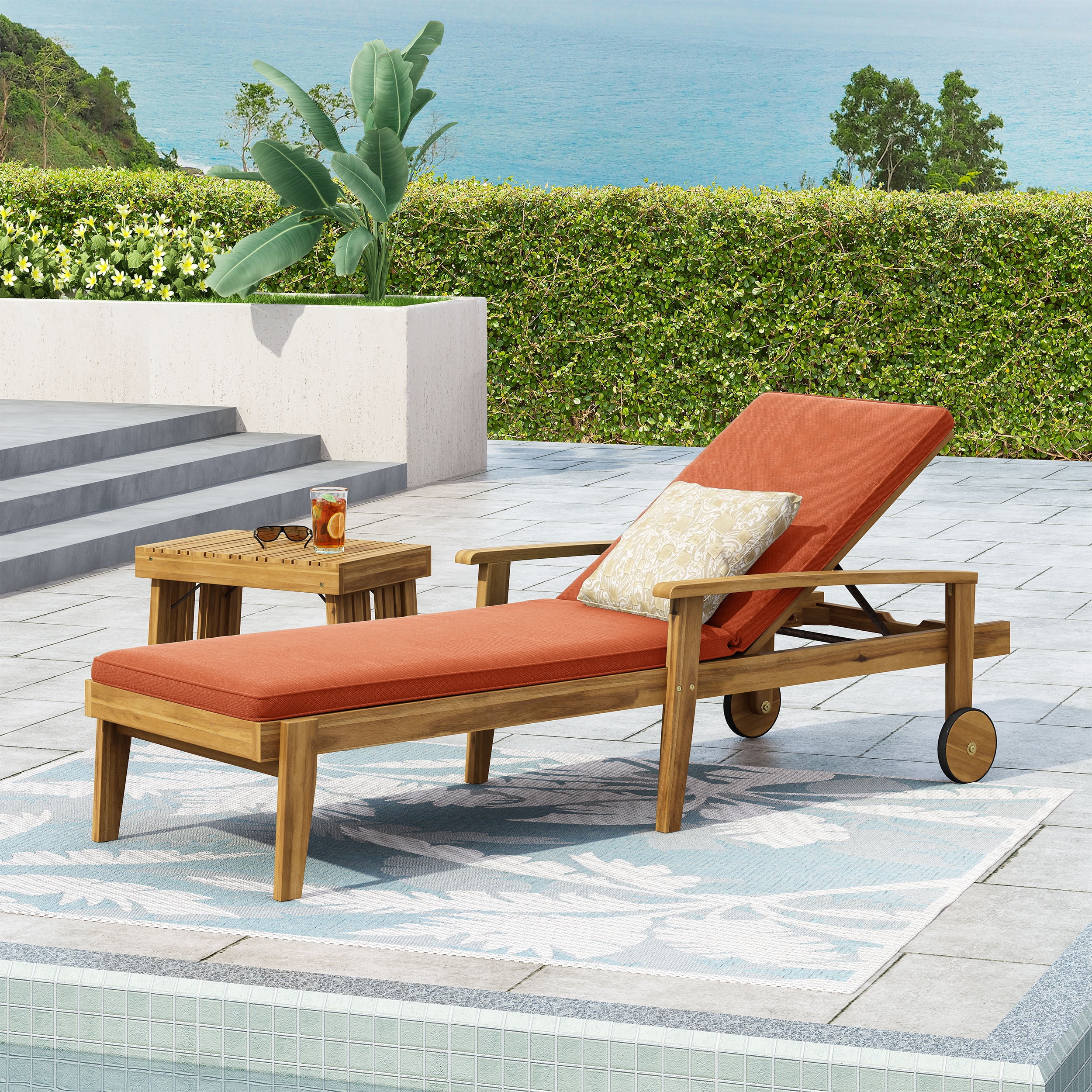 Adjustable Chaise Lounge, Outdoor Acacia Wood Lounge for Patio Poolside, Teak and Orange