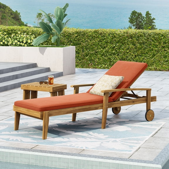 Adjustable Chaise Lounge, Outdoor Acacia Wood Lounge for Patio Poolside, Teak and Orange