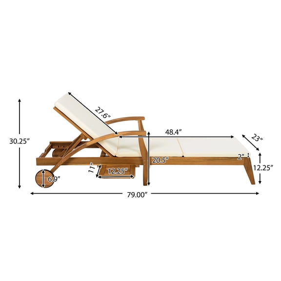 Adjustable Chaise Lounge with Wheels for Patio - Wood Recliner, 4-Position Backrest, 800 lbs Capacity, Cream Cushion, 79L x 23W x 30.25H