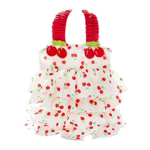 Adjustable Cherry Print Pet Dress – Summer Dog & Cat Clothing with D-Ring, Elastic Straps for Birthdays, Holidays (15x10x5cm)