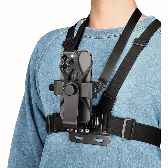Adjustable Chest Mount Phone Holder Harness - Compatible with iPhone, Samsung, GoPro, Insta360, DJI Action Cameras - Black Padded Design for Biking, Kayaking, Fishing, Skateboarding POV/VLOG Recordin