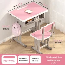 Adjustable Children Study Desk And Chair Set, For Girls & Boys, School Writing Desk, Computer Desk, Work Table With Large Writing Surface, Drawer, Metal Frame, Easy Assembly (Pink)