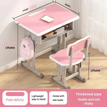 Adjustable Children Study Desk And Chair Set, For Girls & Boys, School Writing Desk, Computer Desk, Work Table With Large Writing Surface, Drawer, Metal Frame, Easy Assembly (Pink)